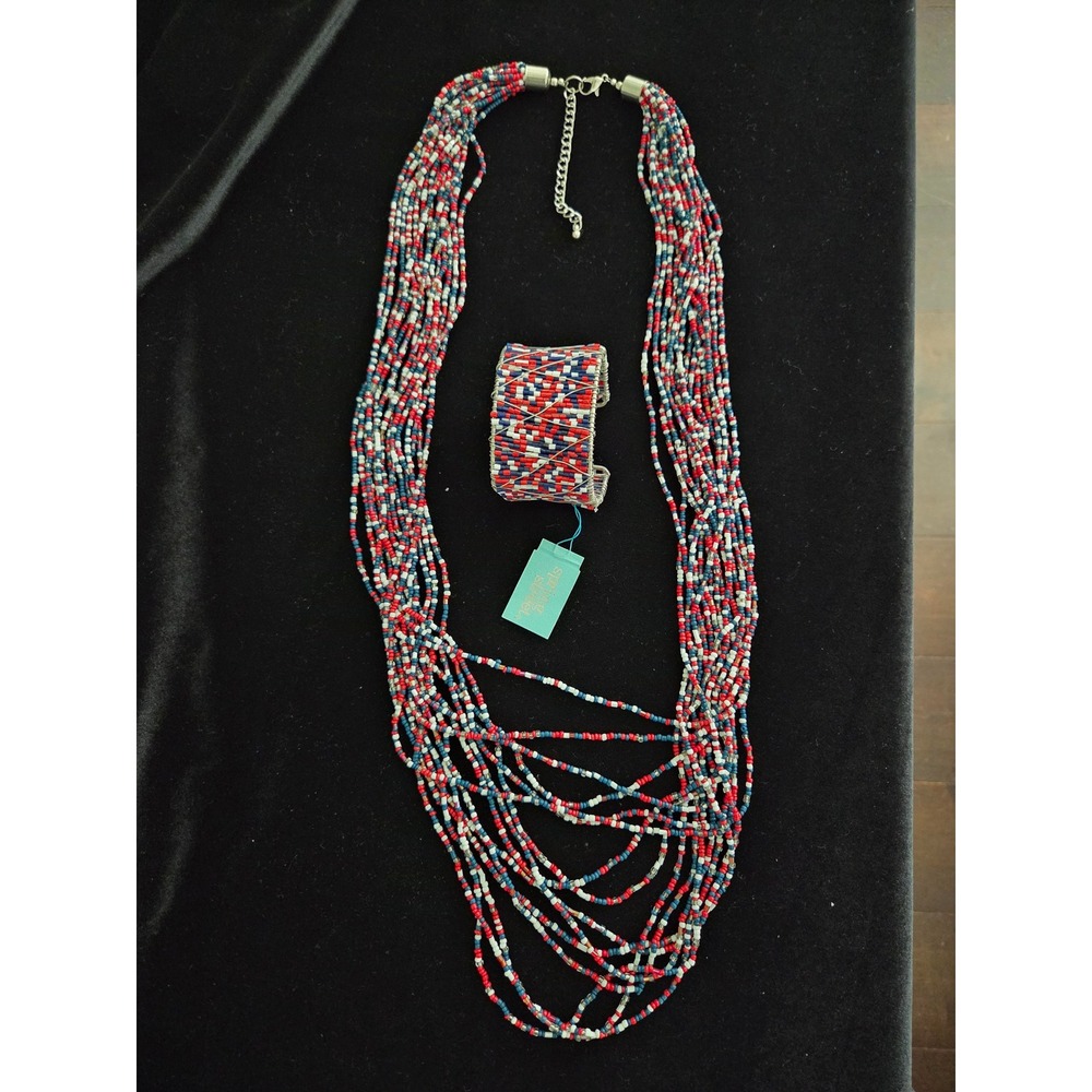 Spring Street Red White Blue Seed Bead Multi Strand Necklace & Cuff Bracelet Set
